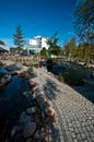 Modern hotel exterior with pond Royalty Free Stock Photo