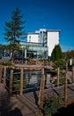 Modern hotel exterior with pond Royalty Free Stock Photo