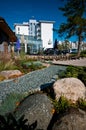 Modern hotel exterior with pond Royalty Free Stock Photo