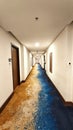 a modern hotel hallway featuring distinctive carpet and simple wall decor. vertical or portrait orientation Royalty Free Stock Photo