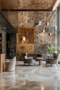 Modern hotel lobby interior with luxurious marble textures and elegant furniture Royalty Free Stock Photo