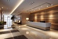 Modern hotel lobby interior with reception desk and elegant wood paneling