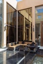 Modern hotel outdoor reception area with outdoor sofa set at Abu Dhabi, UAE