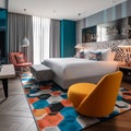 A modern hotel room with sleek furniture