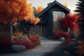 Modern house with autumn garden. Fall wooden country house and cottage garden