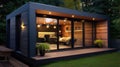 Modern house Backyard cottage, minimalistic design exterior. Men Royalty Free Stock Photo