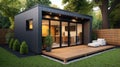 Modern house Backyard cottage, minimalistic design exterior. Working Royalty Free Stock Photo