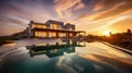 modern house with a big pool at sunset, ai generative landscape illustration