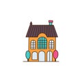 Modern house. Chimney, roof, windows, door and brickwork. Exterior design. House icon on white background. Flat style