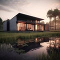 Modern house, close the rice field, black metal and concrete Royalty Free Stock Photo