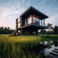 modern house, close the rice field, black metal and concrete, gray Porche 911, sunset, Royalty Free Stock Photo
