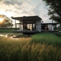 modern house, close the rice field, black metal and concrete, gray Porche 911, sunset, Royalty Free Stock Photo