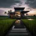 modern house, close the rice field, black metal and concrete, gray Porche 911, sunset, Royalty Free Stock Photo