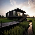 modern house, close the rice field, black metal and concrete, gray Porche 911, sunset, Royalty Free Stock Photo