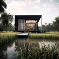 Modern house, close the rice field, black metal and concrete Royalty Free Stock Photo