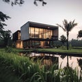 Modern house, close the rice field, black metal and concrete, white Porsche 911, clear glass room, drone camera, sunset Royalty Free Stock Photo