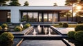 Modern house cottage, minimalistic design exterior. fountain sunset