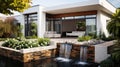 Modern house cottage, minimalistic design exterior. waterfall Flowers Royalty Free Stock Photo