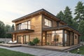 Modern house 3d render wood model - generated by ai Royalty Free Stock Photo