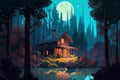 Modern house in dark forest under full Moon reflected in lake, AI generative illustration