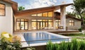 Exterior and interior design of a modern house with a pool Royalty Free Stock Photo