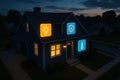 A modern house at dusk with glowing icons representing smart features like lighting, security, and climate control on the facade Royalty Free Stock Photo