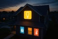A modern house at dusk with glowing icons representing smart features like lighting, security, and climate control on the facade Royalty Free Stock Photo