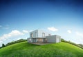 Modern house on earth and green grass with blue sky background in real estate sale or property investment concept, Buying new home