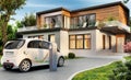 Luxury modern house and electric car Royalty Free Stock Photo