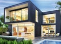 Modern house. Evening view. Interior and exterior Royalty Free Stock Photo