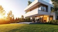 Modern house exterior daylight view with lawn grass 3D render Royalty Free Stock Photo