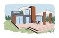 Modern house exterior design from glass, concrete and wood. Sketch of home with terrace and panoramic windows. Outside Royalty Free Stock Photo