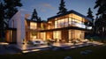 Modern house exterior evening view with interior lighting Royalty Free Stock Photo