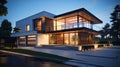 Modern house exterior evening view with interior lighting Royalty Free Stock Photo