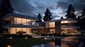 Modern house exterior evening view with interior lighting Royalty Free Stock Photo