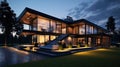 Modern house exterior evening view with interior lighting Royalty Free Stock Photo