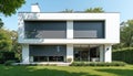 Modern house exterior featuring external roller blinds on large windows for effective sun protection. Anthracite shutters Royalty Free Stock Photo