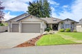 Modern house exterior. Front entrance porch and garage view Royalty Free Stock Photo