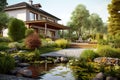 Modern house exterior, luxury residential home with garden and pond, generative AI