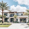 Modern Luxury Home Exterior with Palm Trees and Blue Sky, Contemporary Architecture Royalty Free Stock Photo