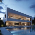 Modern Luxury Villa with Pool at Dusk, Open Plan Living, Architectural Masterpiece Royalty Free Stock Photo