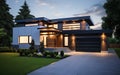 modern house front view at dusk with modern garage Royalty Free Stock Photo