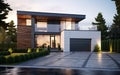 modern house front view at dusk with modern garage Royalty Free Stock Photo
