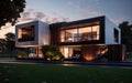 modern house front view at dusk with modern garage Royalty Free Stock Photo