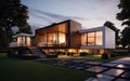 modern house front view at dusk with modern garage Royalty Free Stock Photo