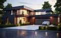 modern house front view at dusk with modern garage Royalty Free Stock Photo