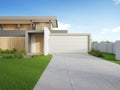 Modern house and green grass with blue sky background in real estate sale or property investment concept.