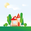 Modern house with green trees on background of blue sky with sun and clouds. Flat style. Cozy family home. Hand drawn vector Royalty Free Stock Photo