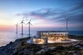 Modern Sea View House & Wind Turbines: Hilltop Serenity, generative ai Royalty Free Stock Photo