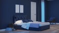 Modern house interior. Bedroom in blue tonnes.